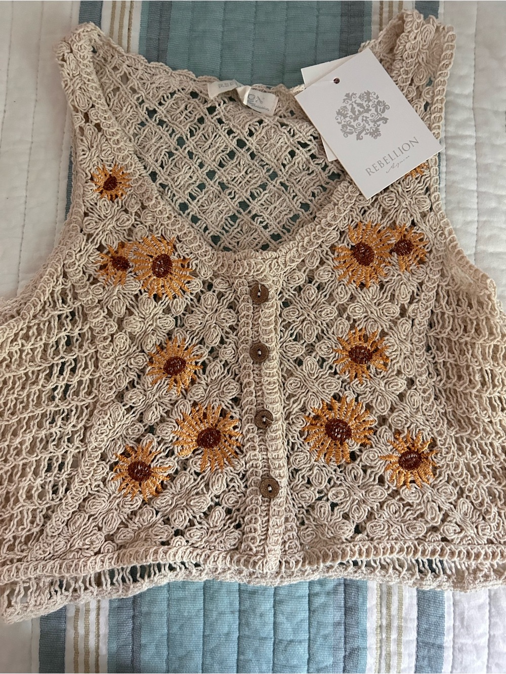 Rebellion Beige Crochet Sunflower Button-Front Tank